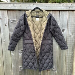 Quilted Long Puffer Coat — Black Exterior, Olive Interior